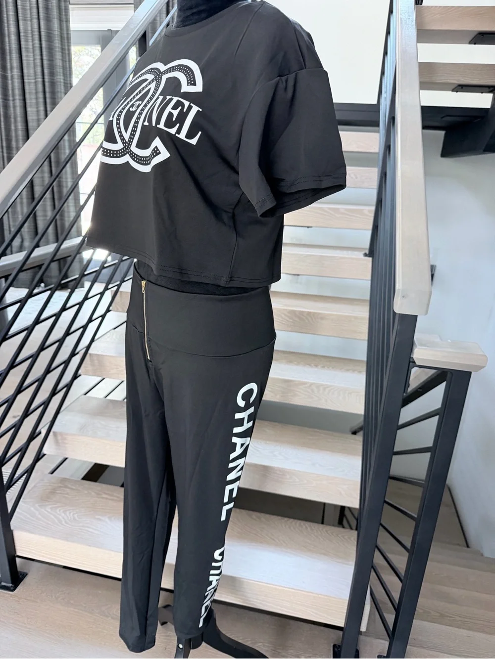 Chanel Black Logo Cropped Top & High-Waist Pants Set size L